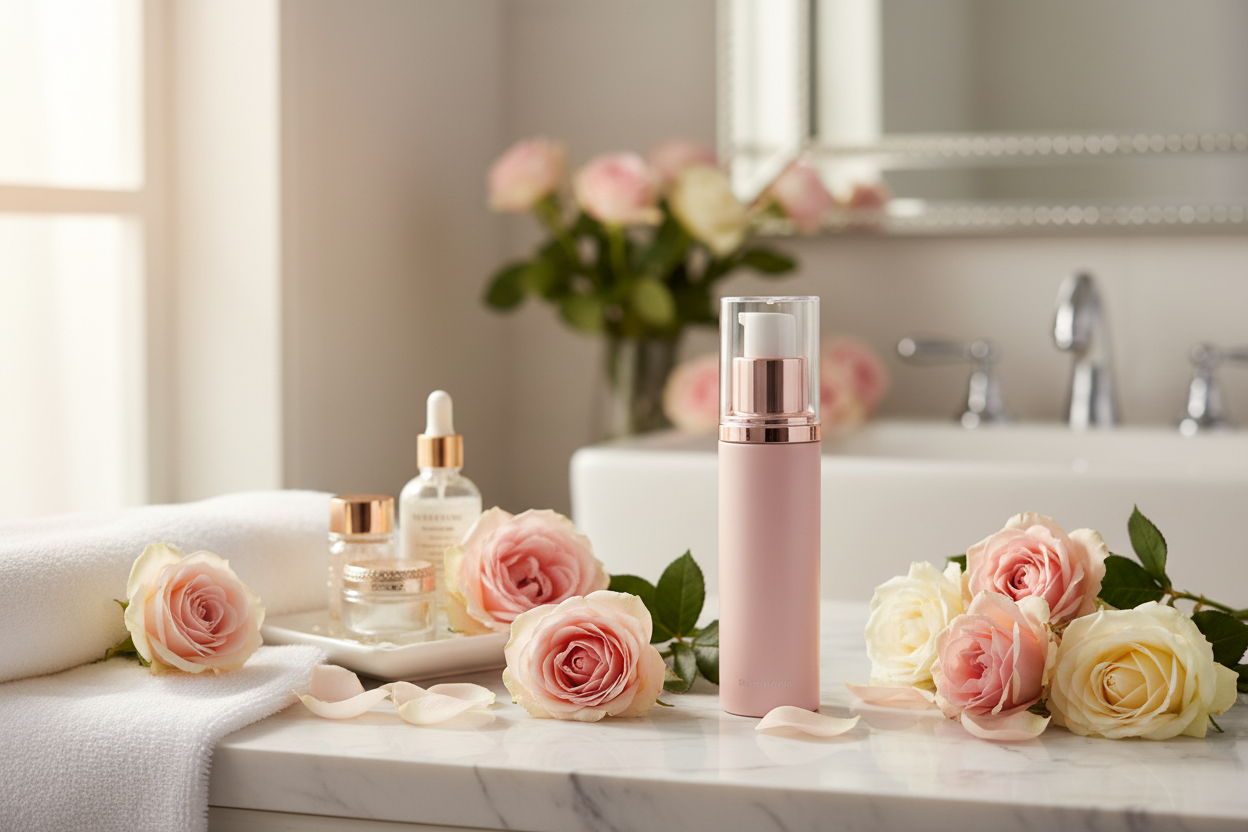 Airless pump bottle on marble vanity with roses and natural light