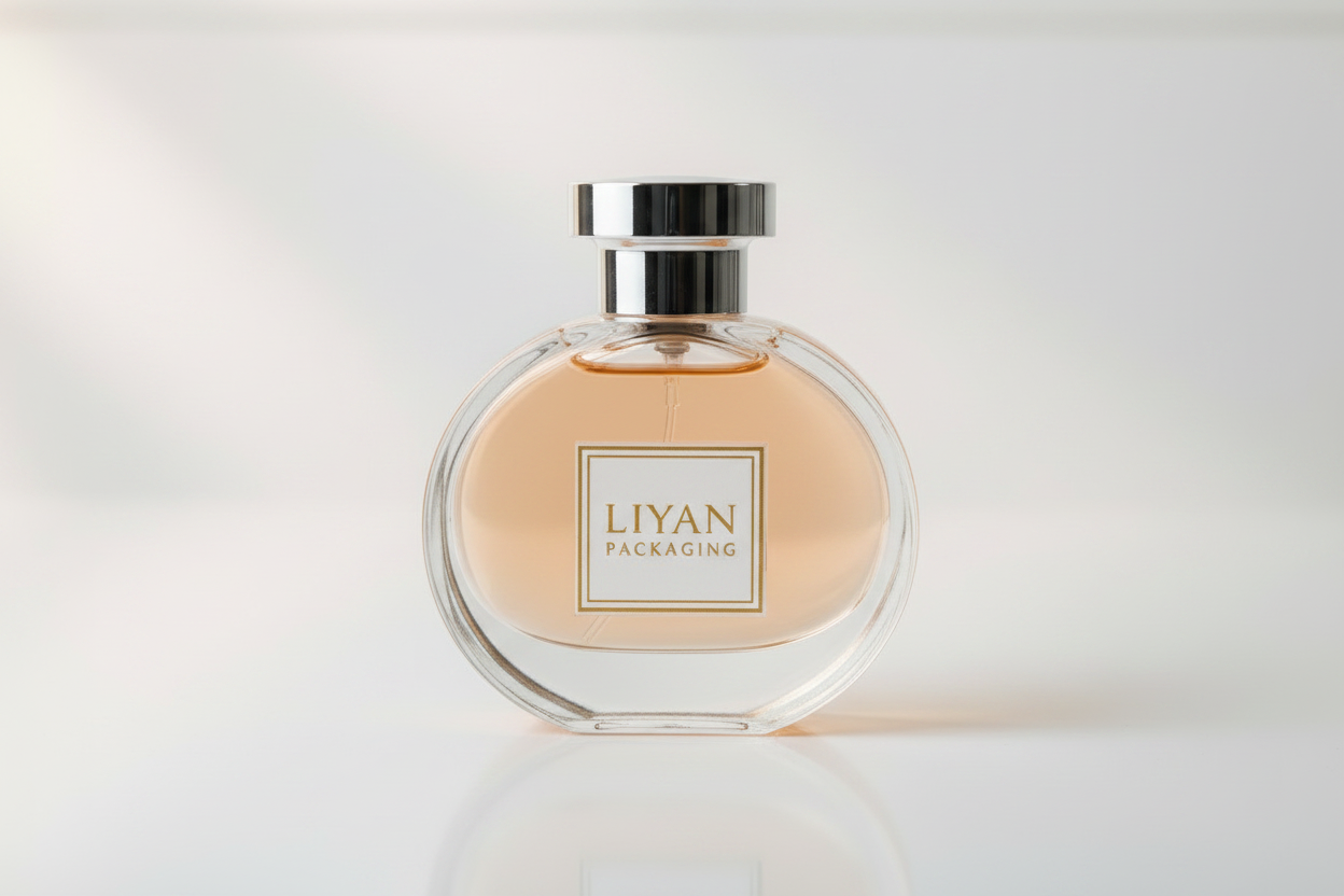 LIYAN Round Flat Glass Perfume Bottle with Silver Cap - Detail