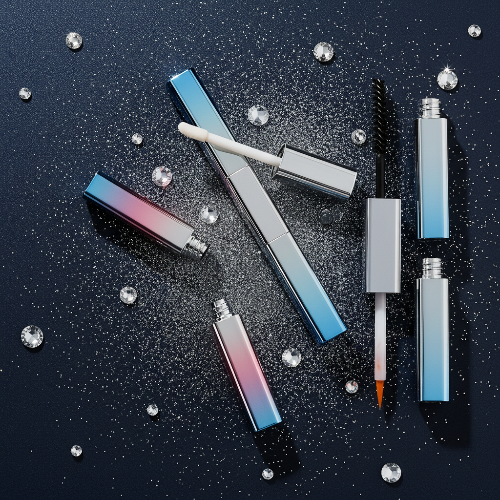 Gradient blue pink iridescent cosmetic tubes flatlay on dark navy with crystals