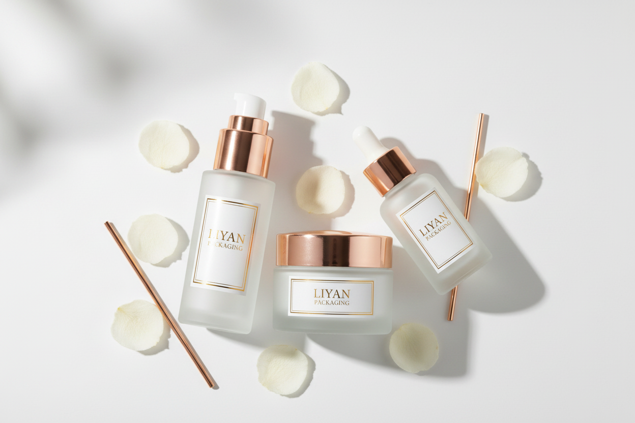 LIYAN Rose Gold Frosted Glass Skincare Set - Flat Lay Overview