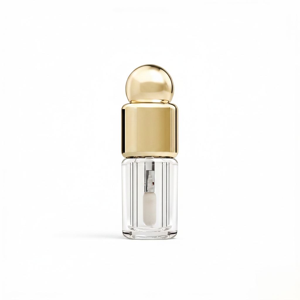 Round gold ball cap lip gloss tube white background hero shot