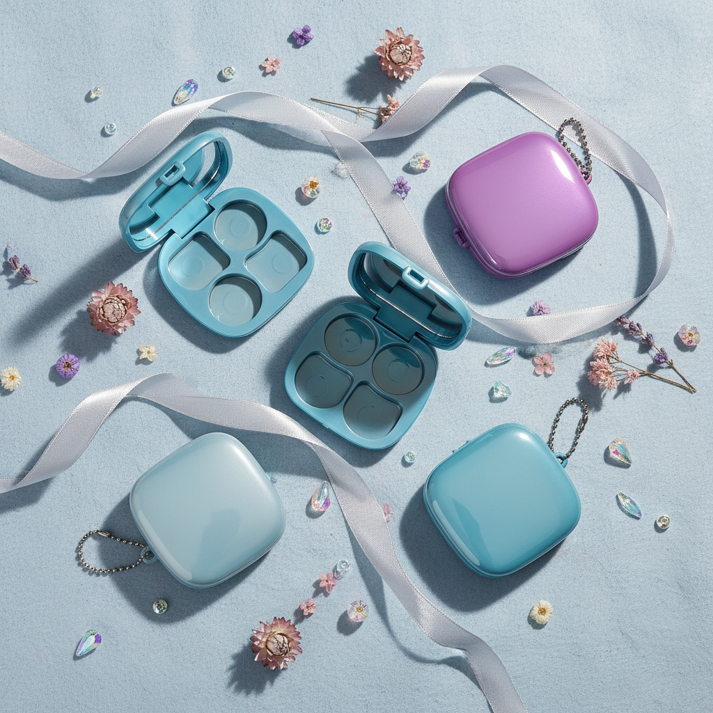 Square metallic eyeshadow palette cases gift flatlay with ribbon and flowers
