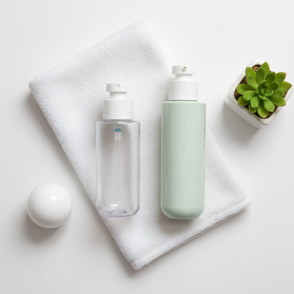 PET round ball bottles vanity scene with towel and green plant