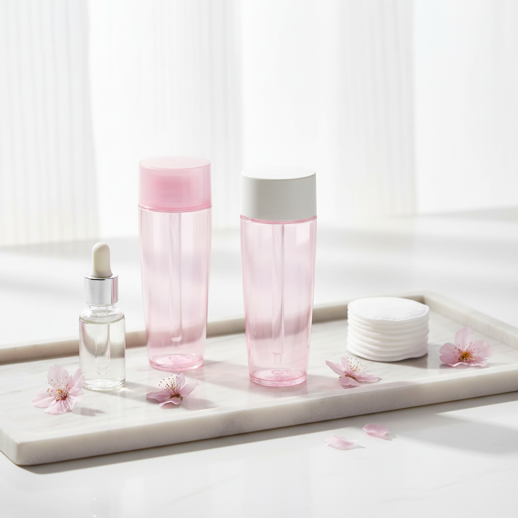 60ml pink oval PET bottle - marble vanity scene