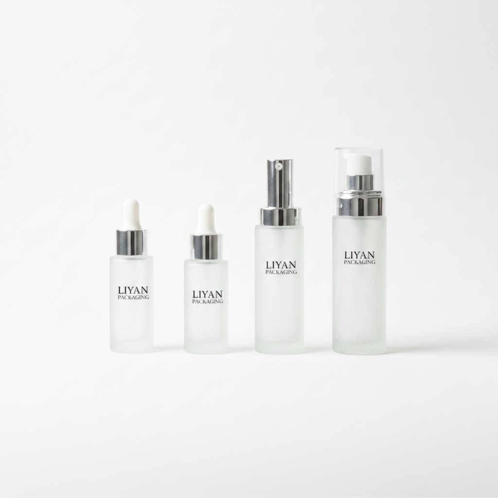 Frosted glass skincare set white background studio shot