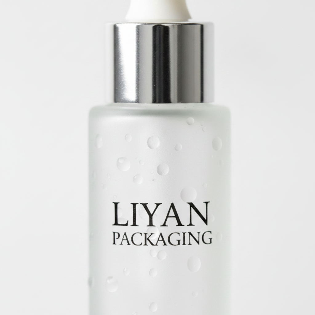 Frosted glass dropper bottle detail close-up