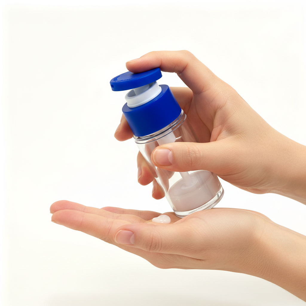 Hand holding airless pump bottle dispensing serum