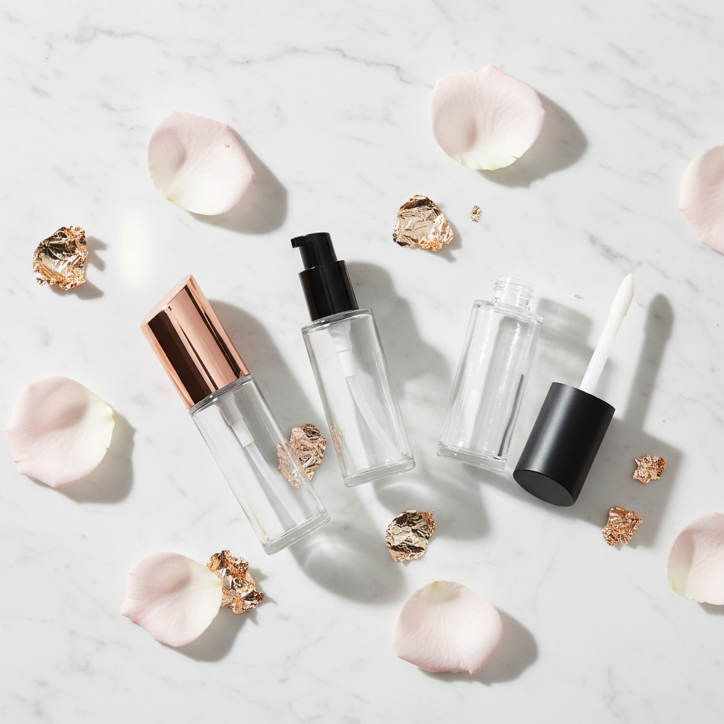 Clear faceted pump bottles flatlay on white marble with rose petals and gold foil