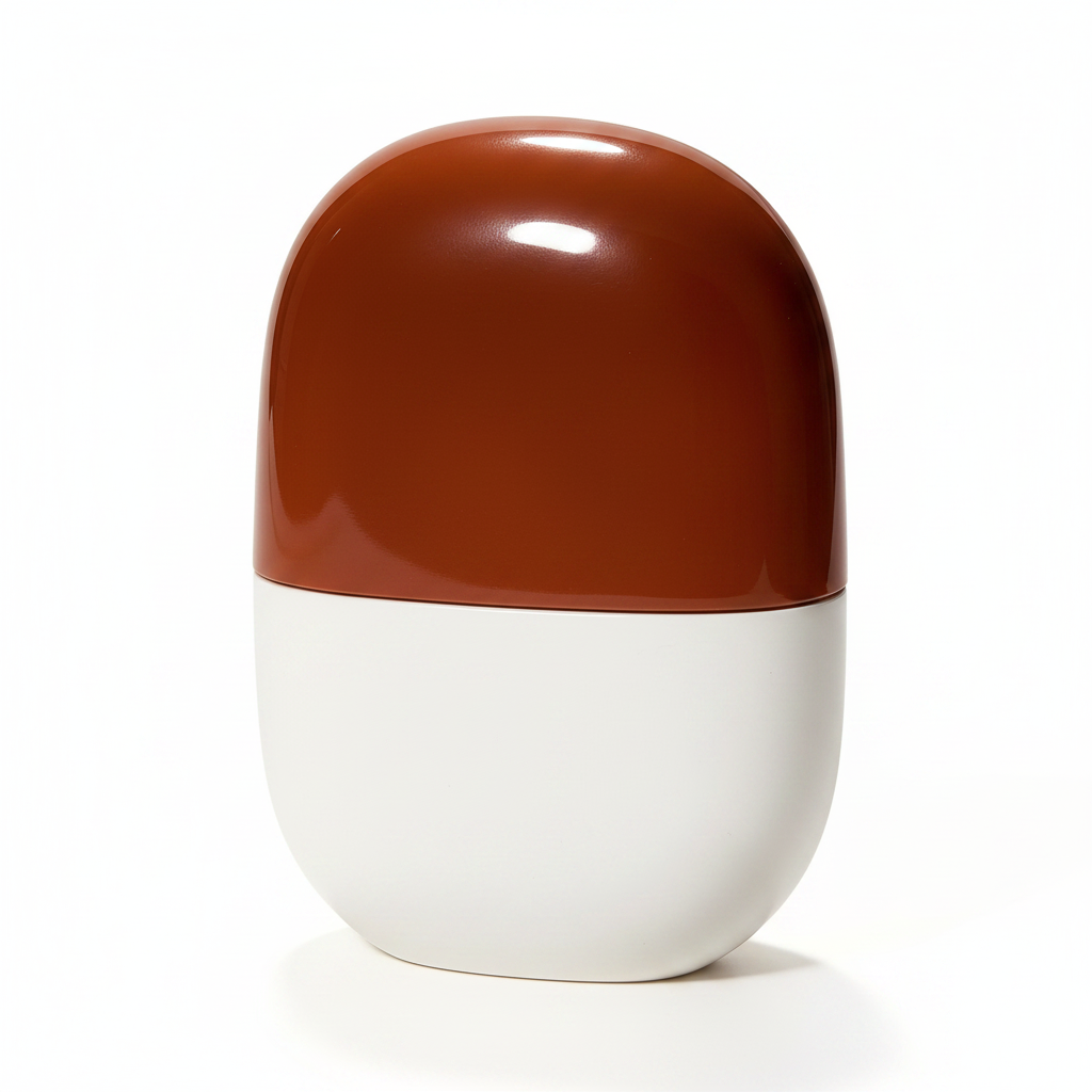 Capsule pill-shaped brown white squeezable cosmetic bottle hero shot white background