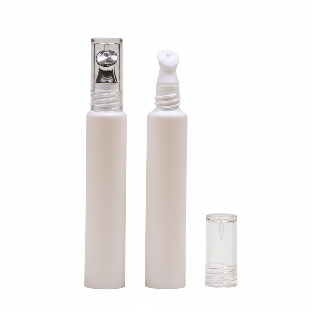 Close-up of slim pump bottle showing transparent cap and silver pump head detail