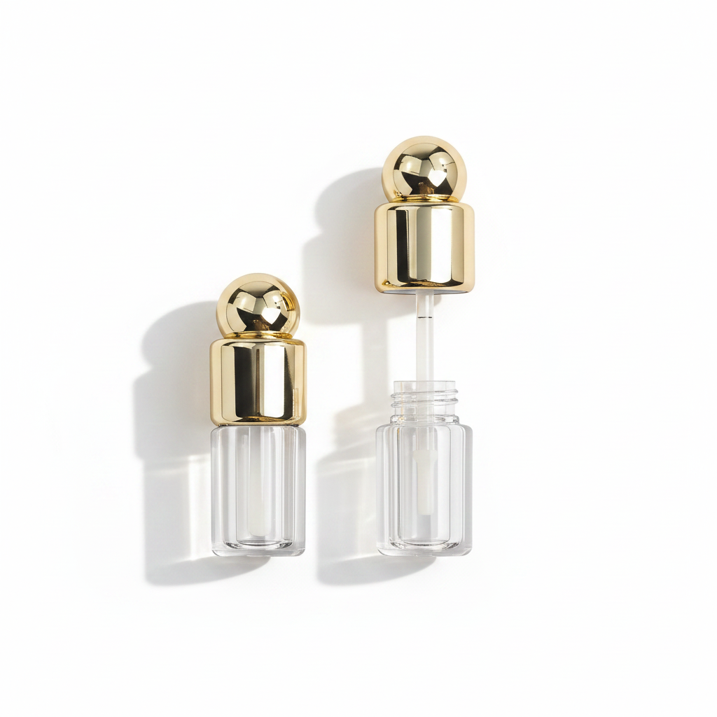 Gold ball cap lip gloss tube B2B showcase open and closed with brush applicator