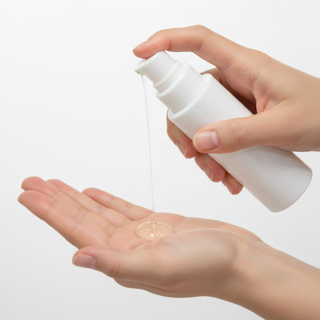 Hand holding white ball cap pump bottle dispensing serum