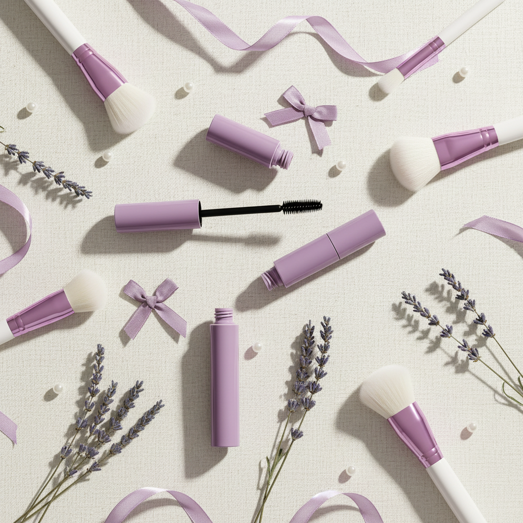 Round purple mascara tubes flat lay with dried lavender overhead shot