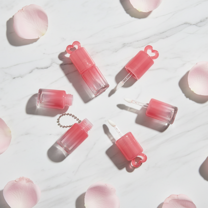 Gradient Pink Heart-Cap Lip Gloss Tube with Fine Brush | ABS Plastic | With / Without Chain | In Stock